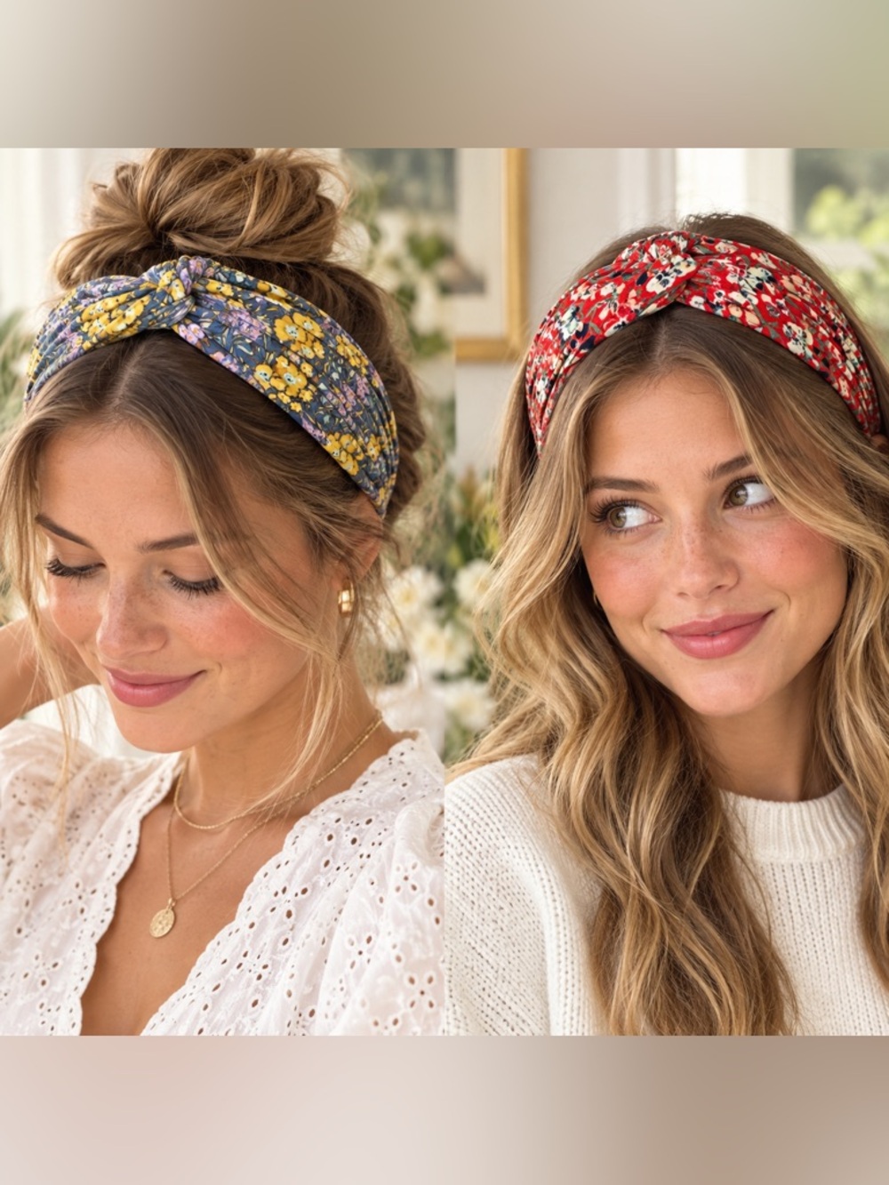 Set of 2 Floral Knotted Headbands Red & Blue Padded Wide Cottagecore